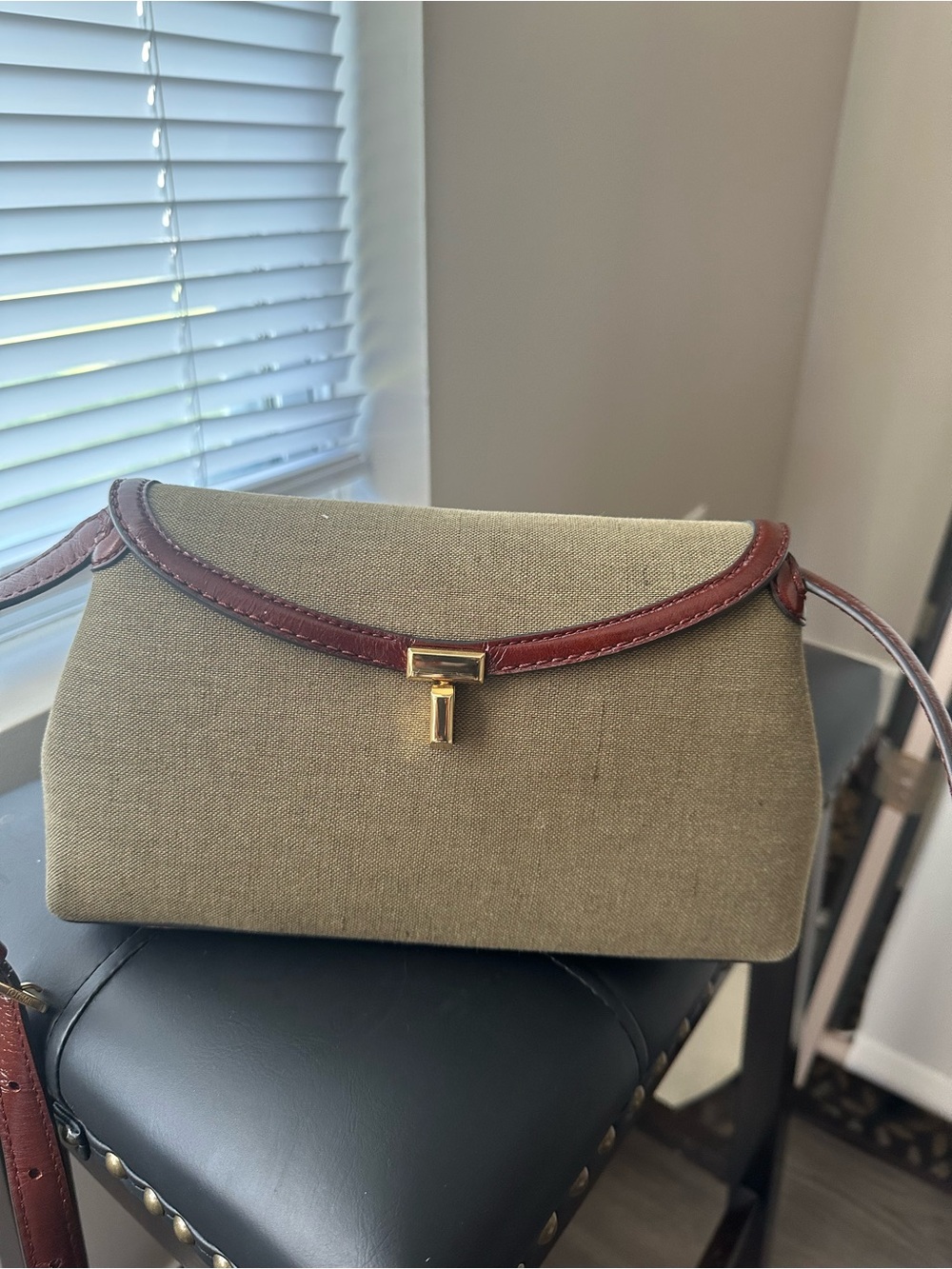 Toteme Olive Canvas Crossbody with Brown Leather Trim and Gold Hardware